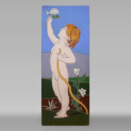 Jules LOEBNITZ (1836 – 1895), Panneau en céramique « Enfant à la fleur »