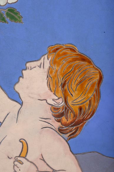 Jules LOEBNITZ (1836 – 1895), Panneau en céramique « Enfant à la fleur » Jules LOEBNITZ (1836 – 1895), Panneau en céramique « Enfant à la fleur »-2