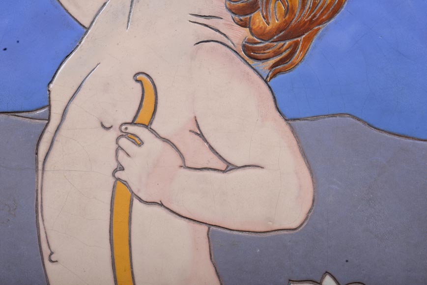 Jules LOEBNITZ (1836 – 1895), Panneau en céramique « Enfant à la fleur » Jules LOEBNITZ (1836 – 1895), Panneau en céramique « Enfant à la fleur »-3