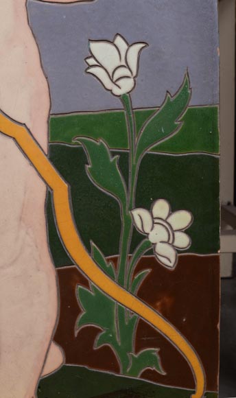 Jules LOEBNITZ (1836 – 1895), Panneau en céramique « Enfant à la fleur » Jules LOEBNITZ (1836 – 1895), Panneau en céramique « Enfant à la fleur »-4
