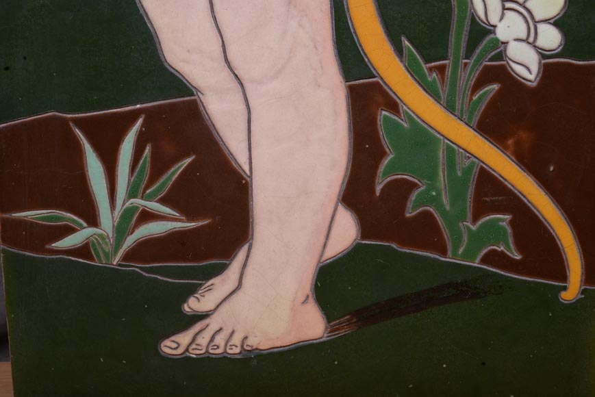 Jules LOEBNITZ (1836 – 1895), Panneau en céramique « Enfant à la fleur » Jules LOEBNITZ (1836 – 1895), Panneau en céramique « Enfant à la fleur »-5