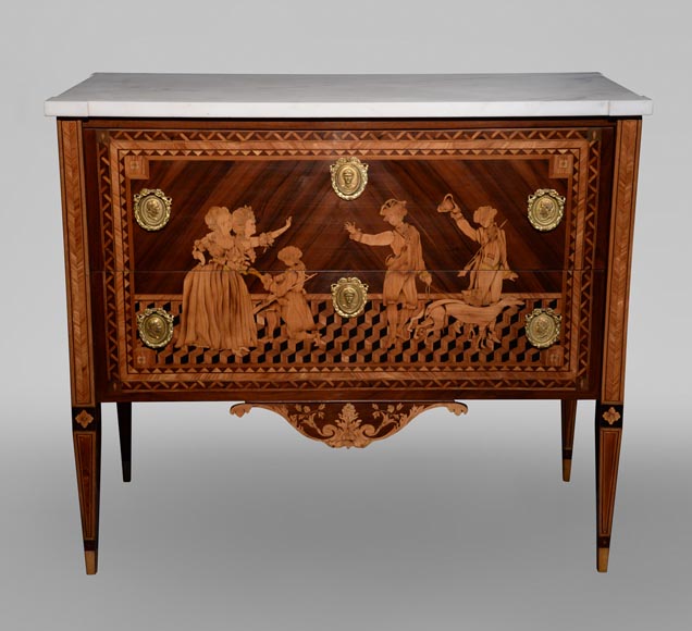 Giuseppe MAGGIOLINI (1738 – 1814)(Entourage de),Remarquable paire de commodes néoclassiques à décor de marqueterie présentant un « Départ pour la chasse » et un « Retour de la chasse », début du XIXe siècle Giuseppe MAGGIOLINI (1738 – 1814)(Entourage de),Remarquable paire de commodes néoclassiques à décor de marqueterie présentant un « Départ pour la chasse » et un « Retour de la chasse », début du XIXe siècle-1