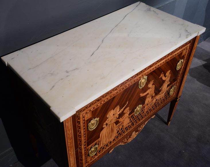 Giuseppe MAGGIOLINI (1738 – 1814)(Entourage de),Remarquable paire de commodes néoclassiques à décor de marqueterie présentant un « Départ pour la chasse » et un « Retour de la chasse », début du XIXe siècle Giuseppe MAGGIOLINI (1738 – 1814)(Entourage de),Remarquable paire de commodes néoclassiques à décor de marqueterie présentant un « Départ pour la chasse » et un « Retour de la chasse », début du XIXe siècle-2