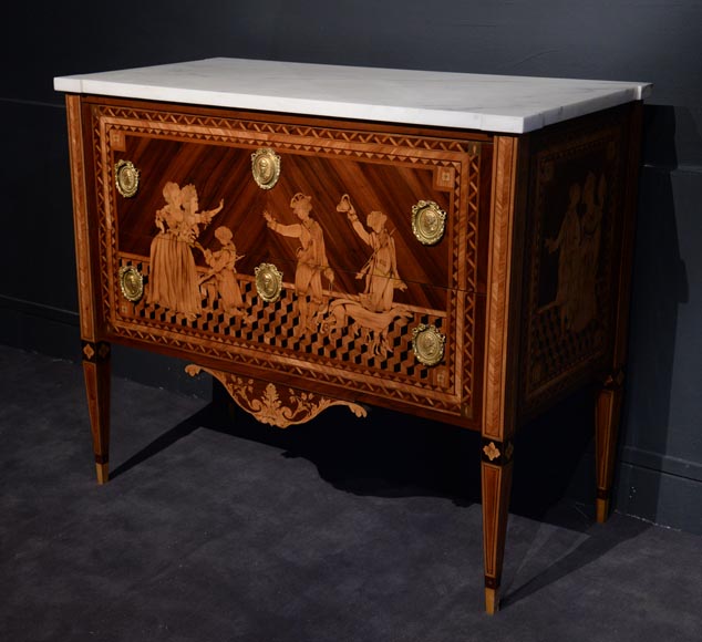 Giuseppe MAGGIOLINI (1738 – 1814)(Entourage de),Remarquable paire de commodes néoclassiques à décor de marqueterie présentant un « Départ pour la chasse » et un « Retour de la chasse », début du XIXe siècle Giuseppe MAGGIOLINI (1738 – 1814)(Entourage de),Remarquable paire de commodes néoclassiques à décor de marqueterie présentant un « Départ pour la chasse » et un « Retour de la chasse », début du XIXe siècle-3