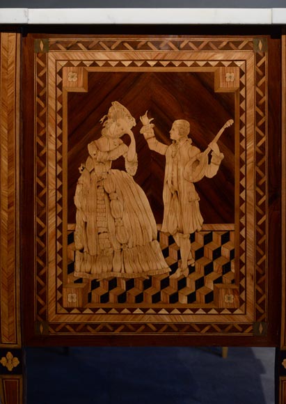 Giuseppe MAGGIOLINI (1738 – 1814)(Entourage de),Remarquable paire de commodes néoclassiques à décor de marqueterie présentant un « Départ pour la chasse » et un « Retour de la chasse », début du XIXe siècle Giuseppe MAGGIOLINI (1738 – 1814)(Entourage de),Remarquable paire de commodes néoclassiques à décor de marqueterie présentant un « Départ pour la chasse » et un « Retour de la chasse », début du XIXe siècle-5