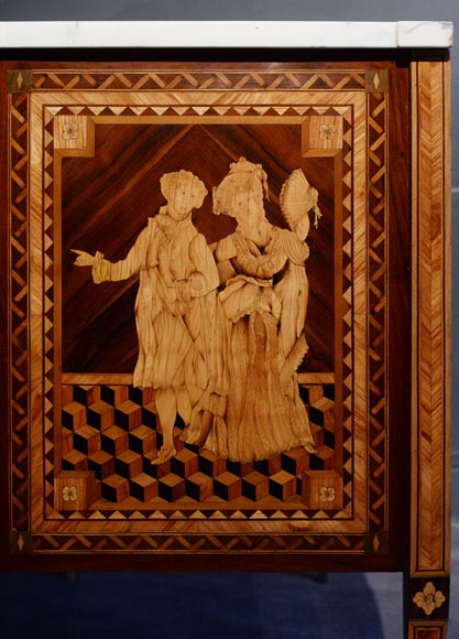 Giuseppe MAGGIOLINI (1738 – 1814)(Entourage de),Remarquable paire de commodes néoclassiques à décor de marqueterie présentant un « Départ pour la chasse » et un « Retour de la chasse », début du XIXe siècle Giuseppe MAGGIOLINI (1738 – 1814)(Entourage de),Remarquable paire de commodes néoclassiques à décor de marqueterie présentant un « Départ pour la chasse » et un « Retour de la chasse », début du XIXe siècle-6