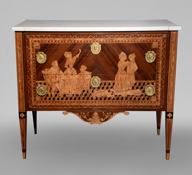 Giuseppe MAGGIOLINI (1738 – 1814)(Entourage de),Remarquable paire de commodes néoclassiques à décor de marqueterie présentant un « Départ pour la chasse » et un « Retour de la chasse », début du XIXe siècle Giuseppe MAGGIOLINI (1738 – 1814)(Entourage de),Remarquable paire de commodes néoclassiques à décor de marqueterie présentant un « Départ pour la chasse » et un « Retour de la chasse », début du XIXe siècle-7