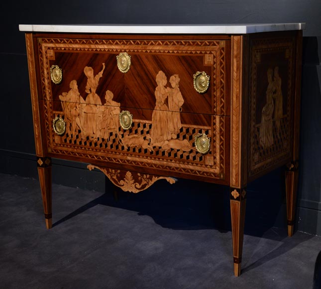 Giuseppe MAGGIOLINI (1738 – 1814)(Entourage de),Remarquable paire de commodes néoclassiques à décor de marqueterie présentant un « Départ pour la chasse » et un « Retour de la chasse », début du XIXe siècle Giuseppe MAGGIOLINI (1738 – 1814)(Entourage de),Remarquable paire de commodes néoclassiques à décor de marqueterie présentant un « Départ pour la chasse » et un « Retour de la chasse », début du XIXe siècle-9