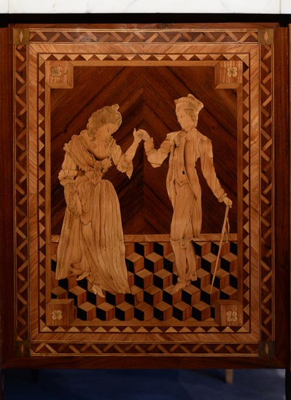 Giuseppe MAGGIOLINI (1738 – 1814)(Entourage de),Remarquable paire de commodes néoclassiques à décor de marqueterie présentant un « Départ pour la chasse » et un « Retour de la chasse », début du XIXe siècle Giuseppe MAGGIOLINI (1738 – 1814)(Entourage de),Remarquable paire de commodes néoclassiques à décor de marqueterie présentant un « Départ pour la chasse » et un « Retour de la chasse », début du XIXe siècle-11