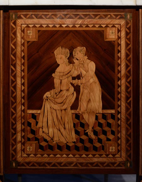 Giuseppe MAGGIOLINI (1738 – 1814)(Entourage de),Remarquable paire de commodes néoclassiques à décor de marqueterie présentant un « Départ pour la chasse » et un « Retour de la chasse », début du XIXe siècle Giuseppe MAGGIOLINI (1738 – 1814)(Entourage de),Remarquable paire de commodes néoclassiques à décor de marqueterie présentant un « Départ pour la chasse » et un « Retour de la chasse », début du XIXe siècle-12