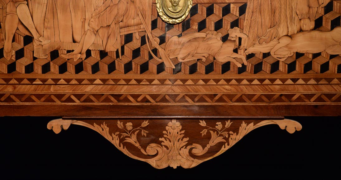 Giuseppe MAGGIOLINI (1738 – 1814)(Entourage de),Remarquable paire de commodes néoclassiques à décor de marqueterie présentant un « Départ pour la chasse » et un « Retour de la chasse », début du XIXe siècle Giuseppe MAGGIOLINI (1738 – 1814)(Entourage de),Remarquable paire de commodes néoclassiques à décor de marqueterie présentant un « Départ pour la chasse » et un « Retour de la chasse », début du XIXe siècle-15