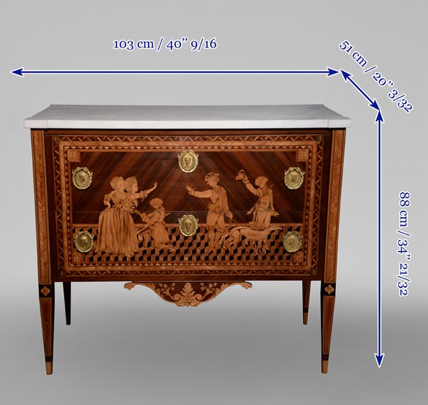 Giuseppe MAGGIOLINI (1738 – 1814)(Entourage de),Remarquable paire de commodes néoclassiques à décor de marqueterie présentant un « Départ pour la chasse » et un « Retour de la chasse », début du XIXe siècle Giuseppe MAGGIOLINI (1738 – 1814)(Entourage de),Remarquable paire de commodes néoclassiques à décor de marqueterie présentant un « Départ pour la chasse » et un « Retour de la chasse », début du XIXe siècle-17