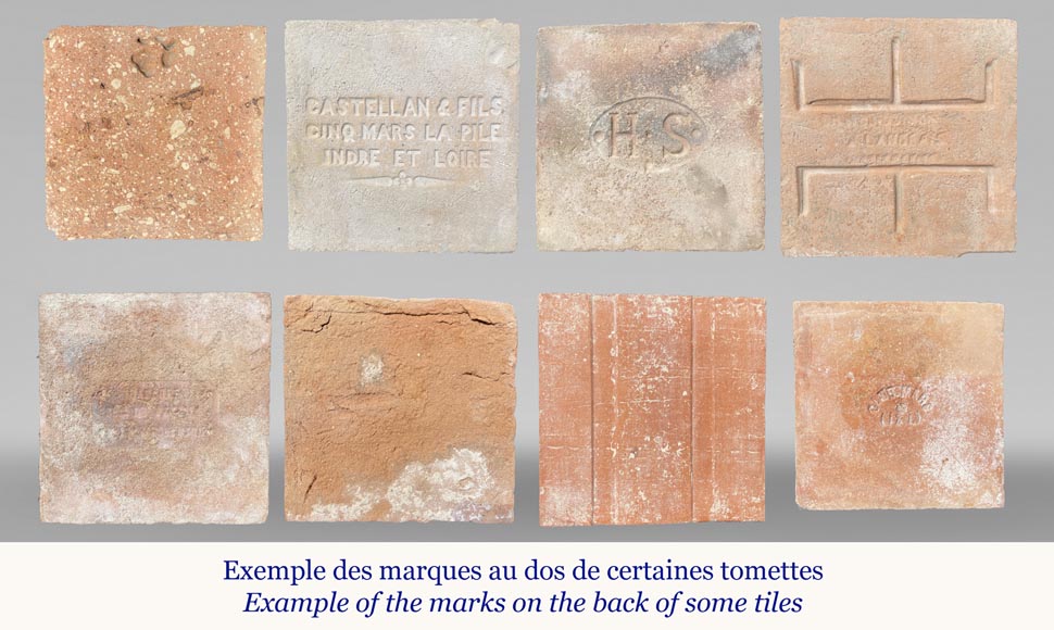Lot d'environ 15 m² de tomettes anciennes en terre cuite de forme carré provenant de différentes tuileries. Lot d'environ 15 m² de tomettes anciennes en terre cuite de forme carré provenant de différentes tuileries. -4
