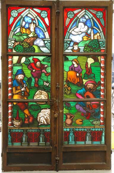 Vitrail néo-gothique avec scène champêtre Vitrail néo-gothique avec scène champêtre-0