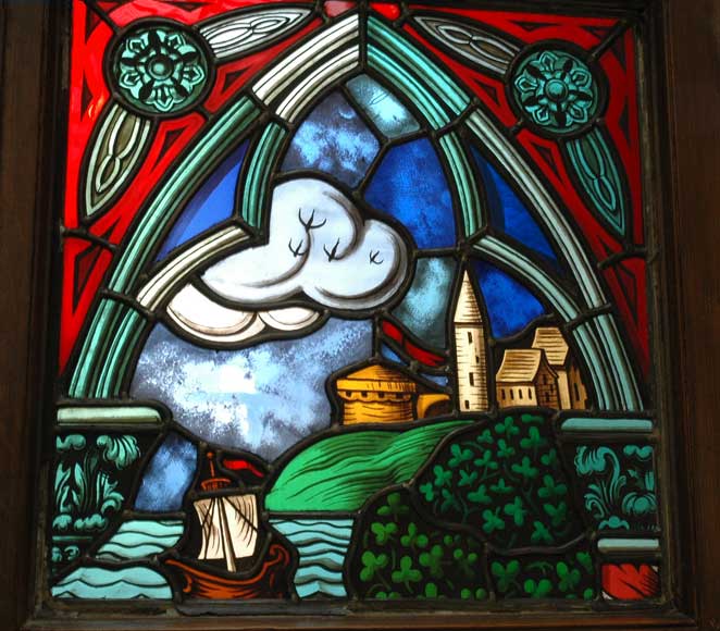 Vitrail néo-gothique avec scène champêtre Vitrail néo-gothique avec scène champêtre-1