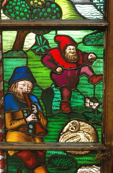 Vitrail néo-gothique avec scène champêtre Vitrail néo-gothique avec scène champêtre-2