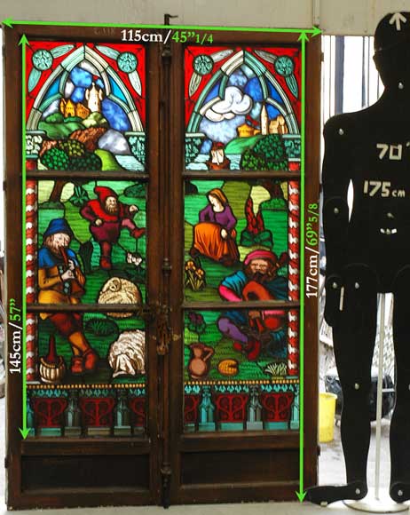 Vitrail néo-gothique avec scène champêtre Vitrail néo-gothique avec scène champêtre-6