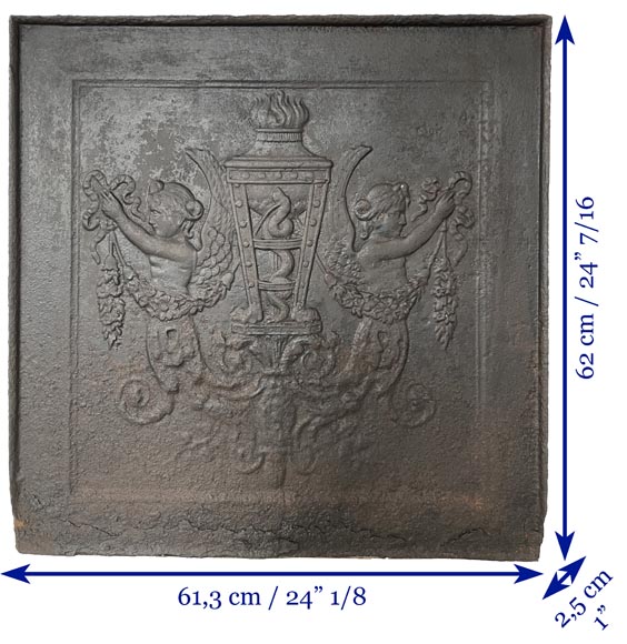 Plaque de cheminée en fonte de style Louis XVI au brûle parfum et aux sirènes Plaque de cheminée en fonte de style Louis XVI au brûle parfum et aux sirènes-8