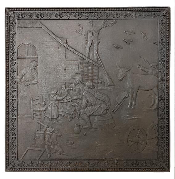 Plaque de cheminée au décor de scène paysanne Plaque de cheminée au décor de scène paysanne-0