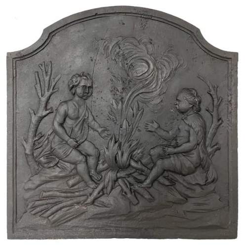 Petite plaque de cheminée aux paysans au bord du feu
