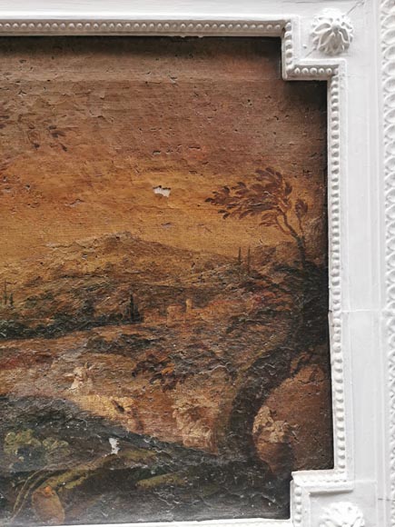 Petit trumeau de style Louis XVI avec huile sur toile représentant une scène galante Petit trumeau de style Louis XVI avec huile sur toile représentant une scène galante-2