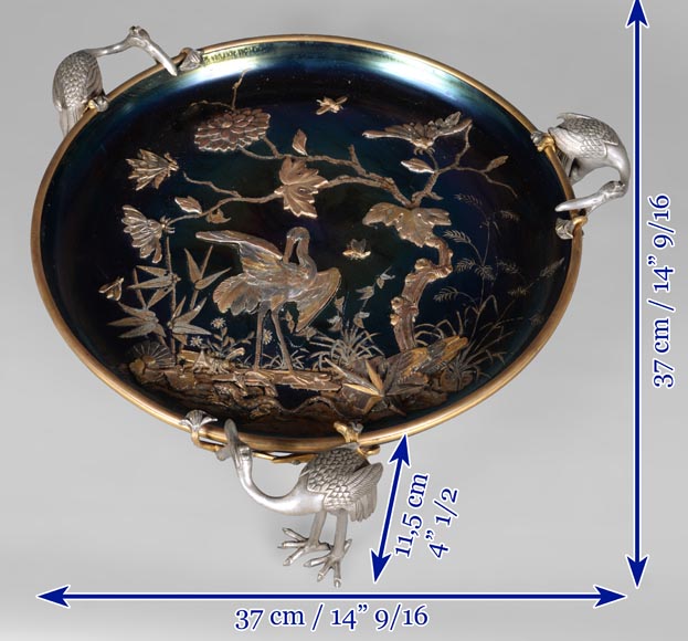 Maison GIROUX et Ferdinand DUVINAGE - Exceptionnelle et rare coupe aux échassiers en verre irisé et décor de galvanoplastie, vers 1870-1880 Maison GIROUX et Ferdinand DUVINAGE - Exceptionnelle et rare coupe aux échassiers en verre irisé et décor de galvanoplastie, vers 1870-1880-12