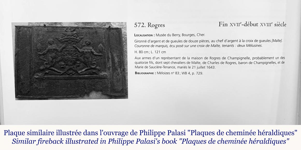 Plaque de cheminée aux armes d'un représentant de la maison de Rogres Champignelle, XVIIIe siècle Plaque de cheminée aux armes d'un représentant de la maison de Rogres Champignelle, XVIIIe siècle-1