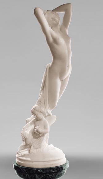 Une heure de la nuit, sculpture en marbre signée J. Pollet avec sa colonne Une heure de la nuit, sculpture en marbre signée J. Pollet avec sa colonne-3