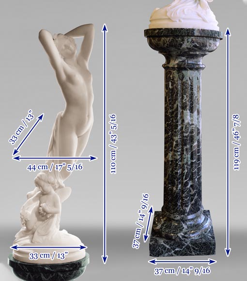 Une heure de la nuit, sculpture en marbre signée J. Pollet avec sa colonne Une heure de la nuit, sculpture en marbre signée J. Pollet avec sa colonne-17