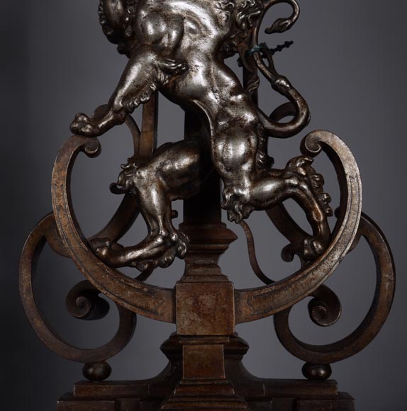 Paire de chenets en fer argenté et fonte aux lions dressés Paire de chenets en fer argenté et fonte aux lions dressés-9