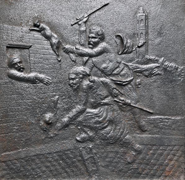 Plaque de cheminée du XIXe siècle représentant une scène de poursuite d’un chat probablement tirée d’un conte Plaque de cheminée du XIXe siècle représentant une scène de poursuite d’un chat probablement tirée d’un conte-1