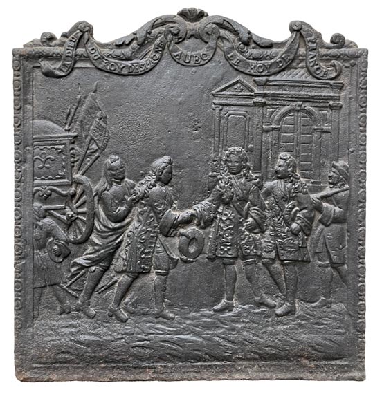 Plaque de cheminée, datant du XIXe siècle, de l’adieu du roi d’Espagne avec le roi de France Plaque de cheminée, datant du XIXe siècle, de l’adieu du roi d’Espagne avec le roi de France-0