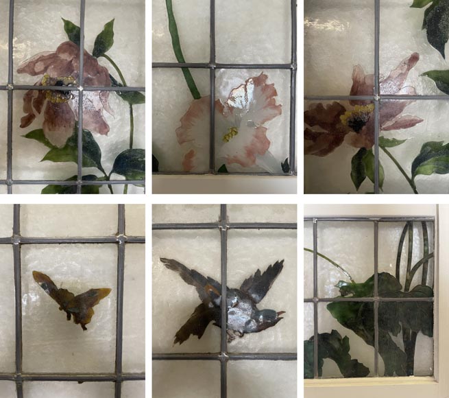 Porte quadruple coulissante aux vitraux ornés d'oiseaux et de végétaux Porte quadruple coulissante aux vitraux ornés d'oiseaux et de végétaux-2