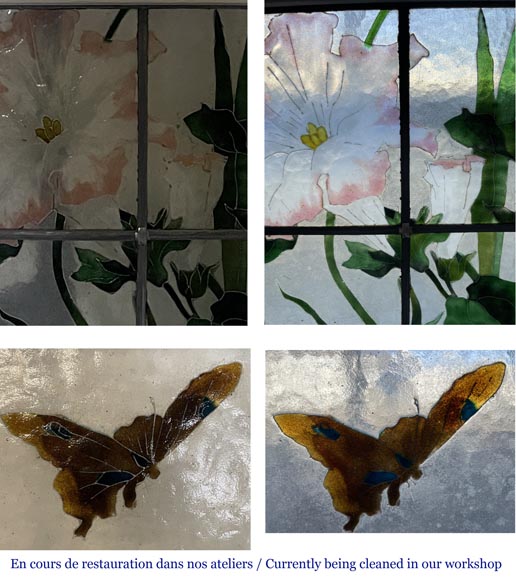 Porte quadruple coulissante aux vitraux ornés d'oiseaux et de végétaux Porte quadruple coulissante aux vitraux ornés d'oiseaux et de végétaux-8