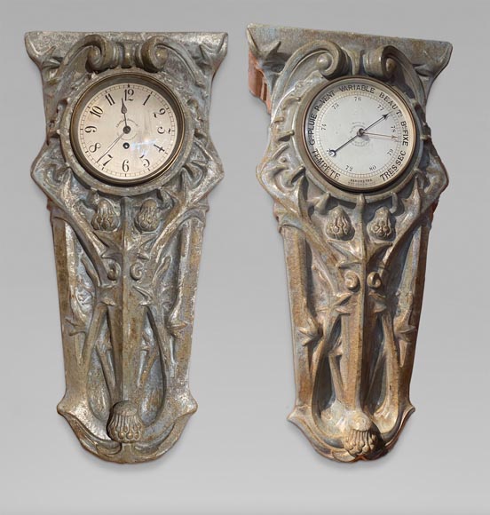 GENTIL & BOURDET « Modèle 1019 », Ensemble formé d’un baromètre et d’une pendule en grès GENTIL & BOURDET « Modèle 1019 », Ensemble formé d’un baromètre et d’une pendule en grès-0