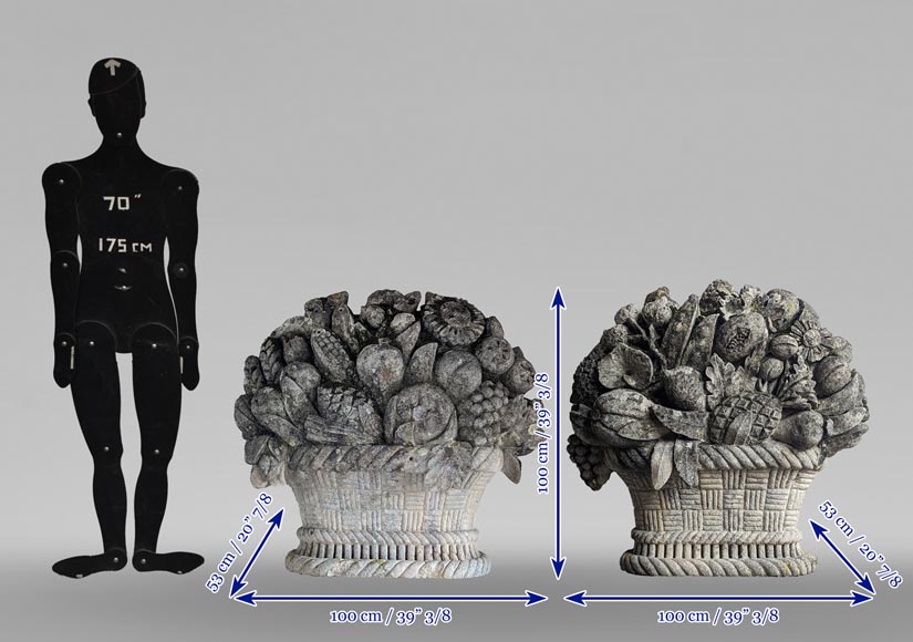 Importante paire de paniers de fruits en pierre sculpté Importante paire de paniers de fruits en pierre sculpté-13