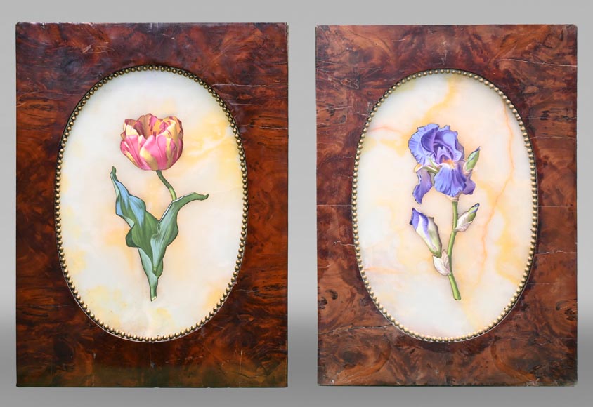 Julien Nicolas RIVART, Deux panneaux en albâtre incrustés d’une tulipe et d’un iris en porcelaine, après 1849 Julien Nicolas RIVART, Deux panneaux en albâtre incrustés d’une tulipe et d’un iris en porcelaine, après 1849-0