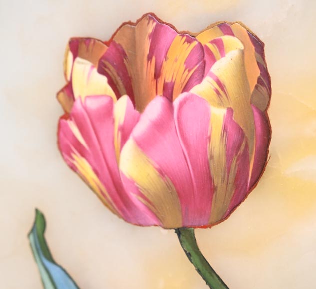 Julien Nicolas RIVART, Deux panneaux en albâtre incrustés d’une tulipe et d’un iris en porcelaine, après 1849 Julien Nicolas RIVART, Deux panneaux en albâtre incrustés d’une tulipe et d’un iris en porcelaine, après 1849-3