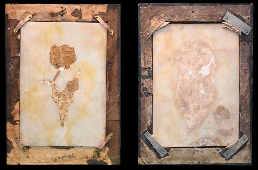 Julien Nicolas RIVART, Deux panneaux en albâtre incrustés d’une tulipe et d’un iris en porcelaine, après 1849 Julien Nicolas RIVART, Deux panneaux en albâtre incrustés d’une tulipe et d’un iris en porcelaine, après 1849-9