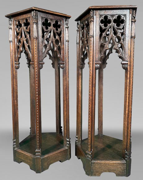 Paire de sellettes de style néo Gothique en bois de chêne Paire de sellettes de style néo Gothique en bois de chêne-0