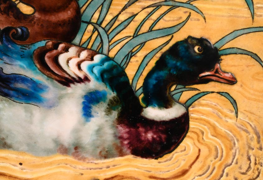 Edmond LACHENAL (peintre), Théodore DECK (céramiste), Plat aux deux colverts nageant parmi les iris au soleil couchant, vers 1880 Edmond LACHENAL (peintre), Théodore DECK (céramiste), Plat aux deux colverts nageant parmi les iris au soleil couchant, vers 1880-4