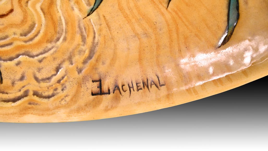 Edmond LACHENAL (peintre), Théodore DECK (céramiste), Plat aux deux colverts nageant parmi les iris au soleil couchant, vers 1880 Edmond LACHENAL (peintre), Théodore DECK (céramiste), Plat aux deux colverts nageant parmi les iris au soleil couchant, vers 1880-8