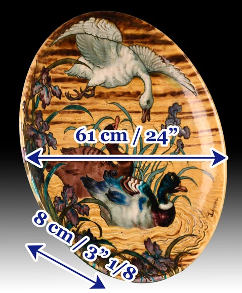 Edmond LACHENAL (peintre), Théodore DECK (céramiste), Plat aux deux colverts nageant parmi les iris au soleil couchant, vers 1880 Edmond LACHENAL (peintre), Théodore DECK (céramiste), Plat aux deux colverts nageant parmi les iris au soleil couchant, vers 1880-10