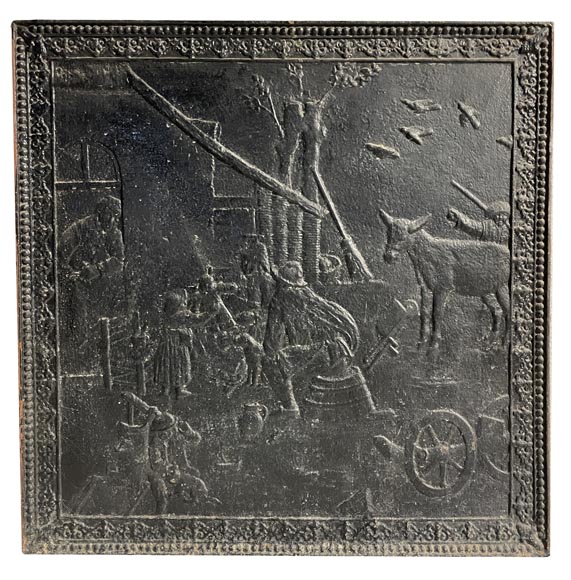 Plaque de cheminée au décor de scène paysanne Plaque de cheminée au décor de scène paysanne-0