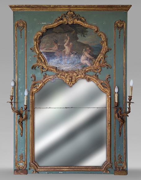 Trumeau doré d'époque Louis XV avec appliques et décoré d'une peinture Trumeau doré d'époque Louis XV avec appliques et décoré d'une peinture-0