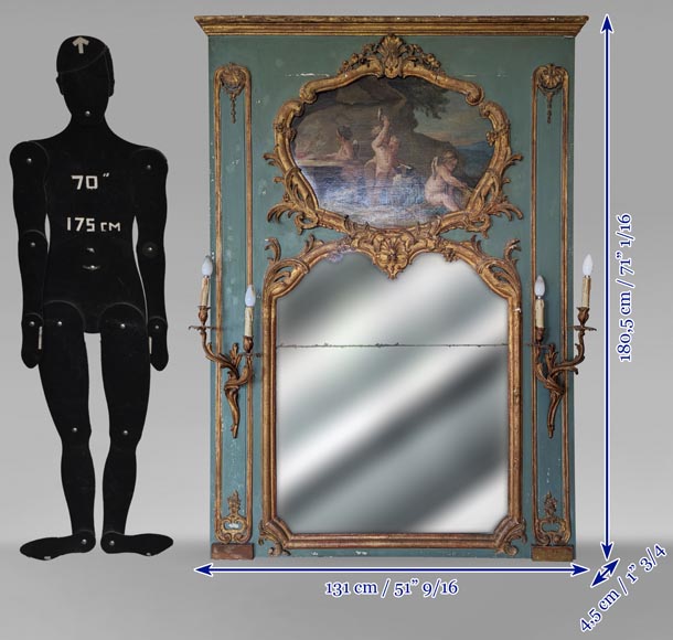 Trumeau doré d'époque Louis XV avec appliques et décoré d'une peinture Trumeau doré d'époque Louis XV avec appliques et décoré d'une peinture-14