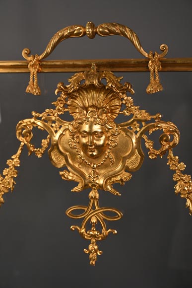 Pare étincelle de style Napoléon III au masque de femme et guirlande de fleurs en bronze doré et verre Pare étincelle de style Napoléon III au masque de femme et guirlande de fleurs en bronze doré et verre-1