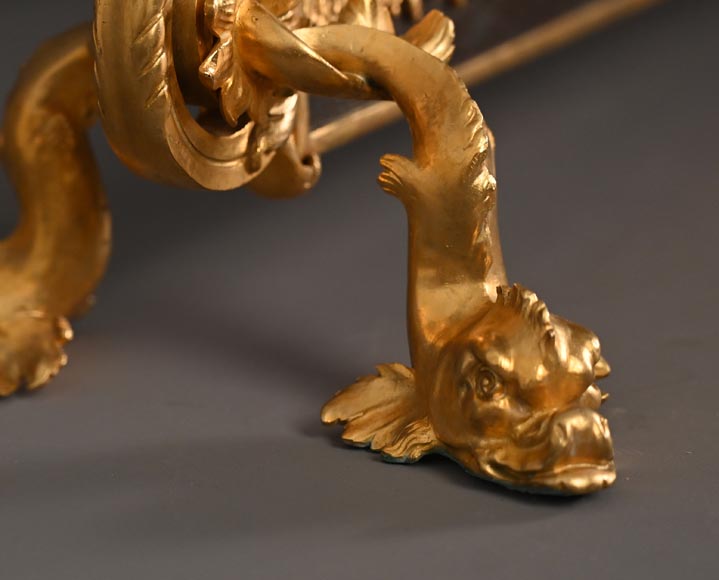 Pare étincelle de style Napoléon III au masque de femme et guirlande de fleurs en bronze doré et verre Pare étincelle de style Napoléon III au masque de femme et guirlande de fleurs en bronze doré et verre-7