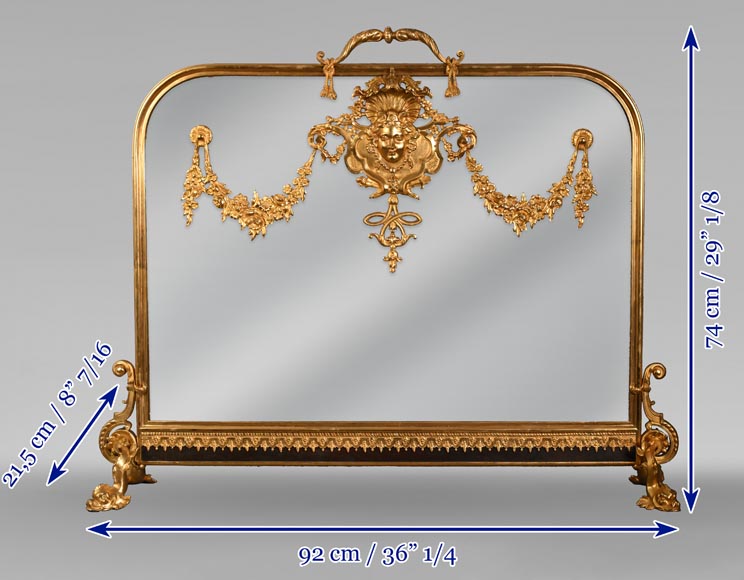 Pare étincelle de style Napoléon III au masque de femme et guirlande de fleurs en bronze doré et verre Pare étincelle de style Napoléon III au masque de femme et guirlande de fleurs en bronze doré et verre-11
