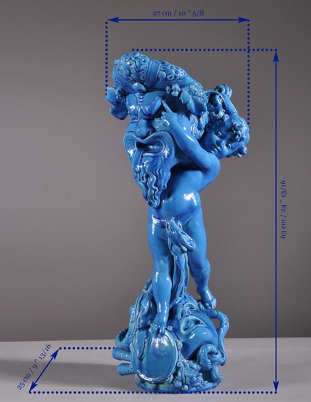 Joseph CHERET (1838 - 1894) pour la Manufacture de Sèvres "Putto et masques de théâtre grec" Vide poche en faïence vernisée bleue Joseph CHERET (1838 - 1894) pour la Manufacture de Sèvres "Putto et masques de théâtre grec" Vide poche en faïence vernisée bleue-12